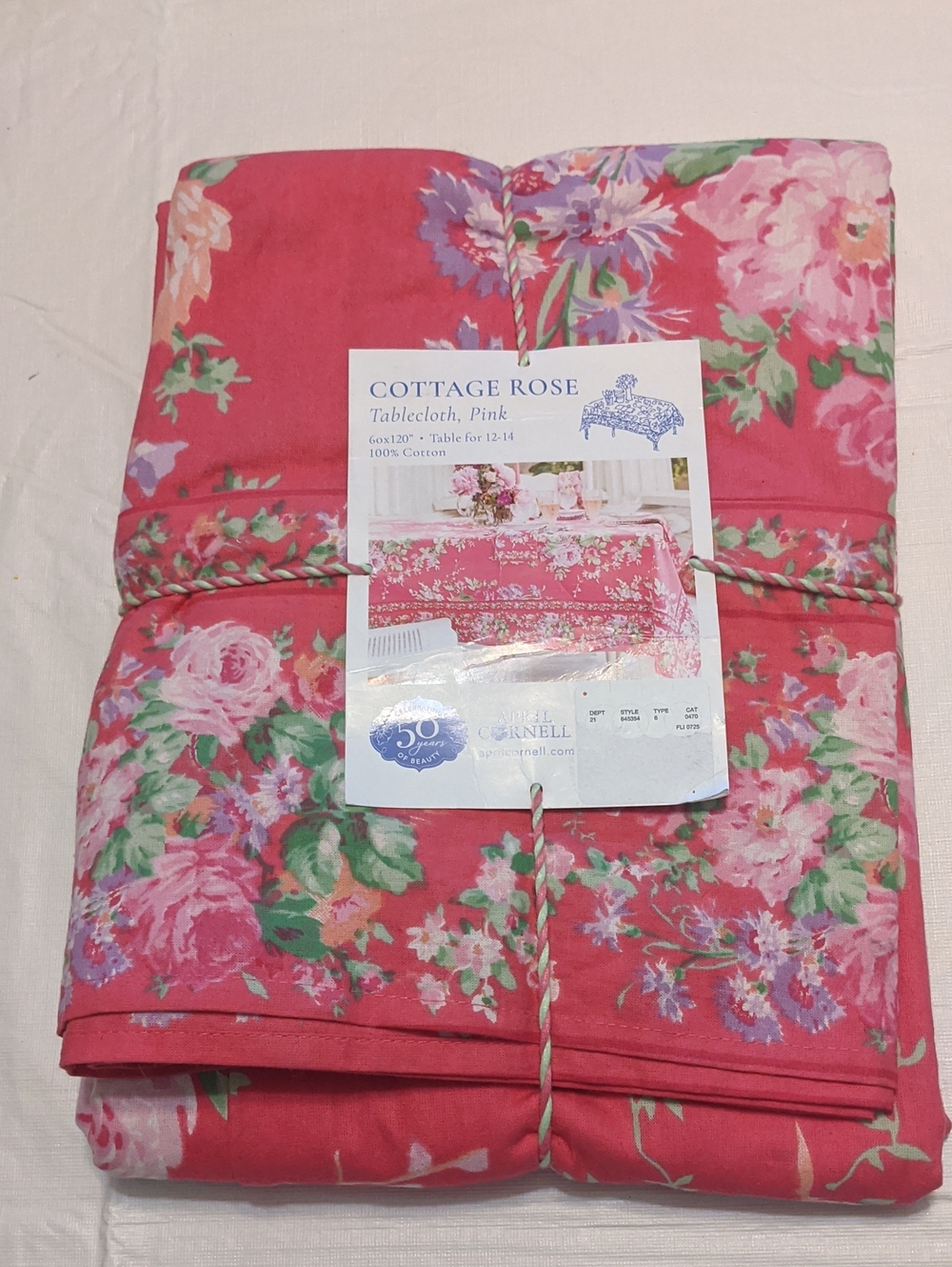 NWT April Cornell Cottage Rose Pink Floral Tablecloth 60x120 Cotton Garden